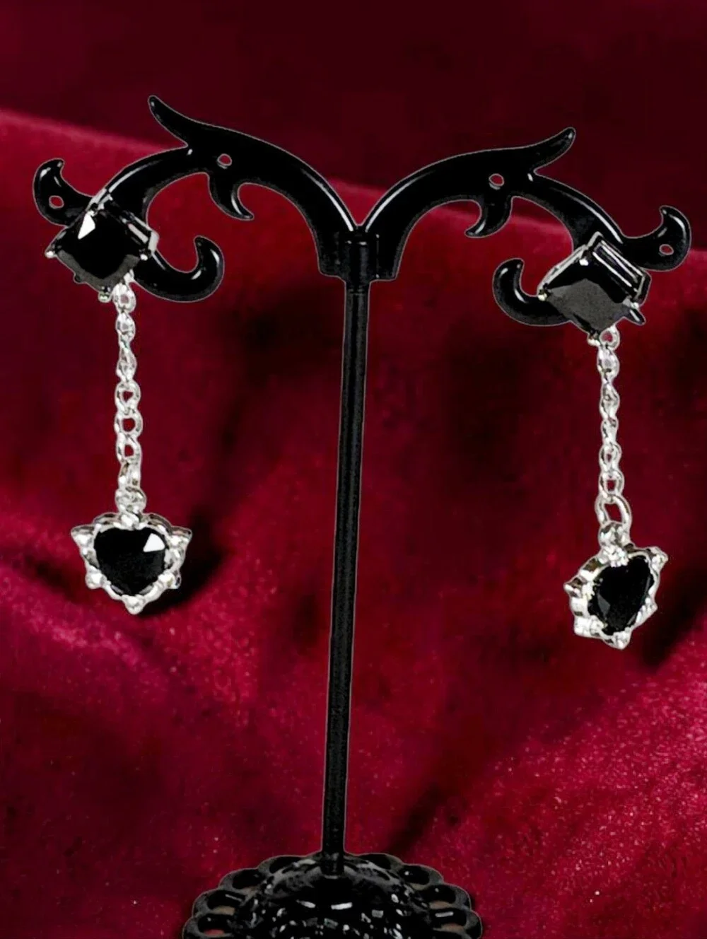 White Gold Black Gem Stone Linear Dangle Drop Earrings Modern Retro Glam Witchy